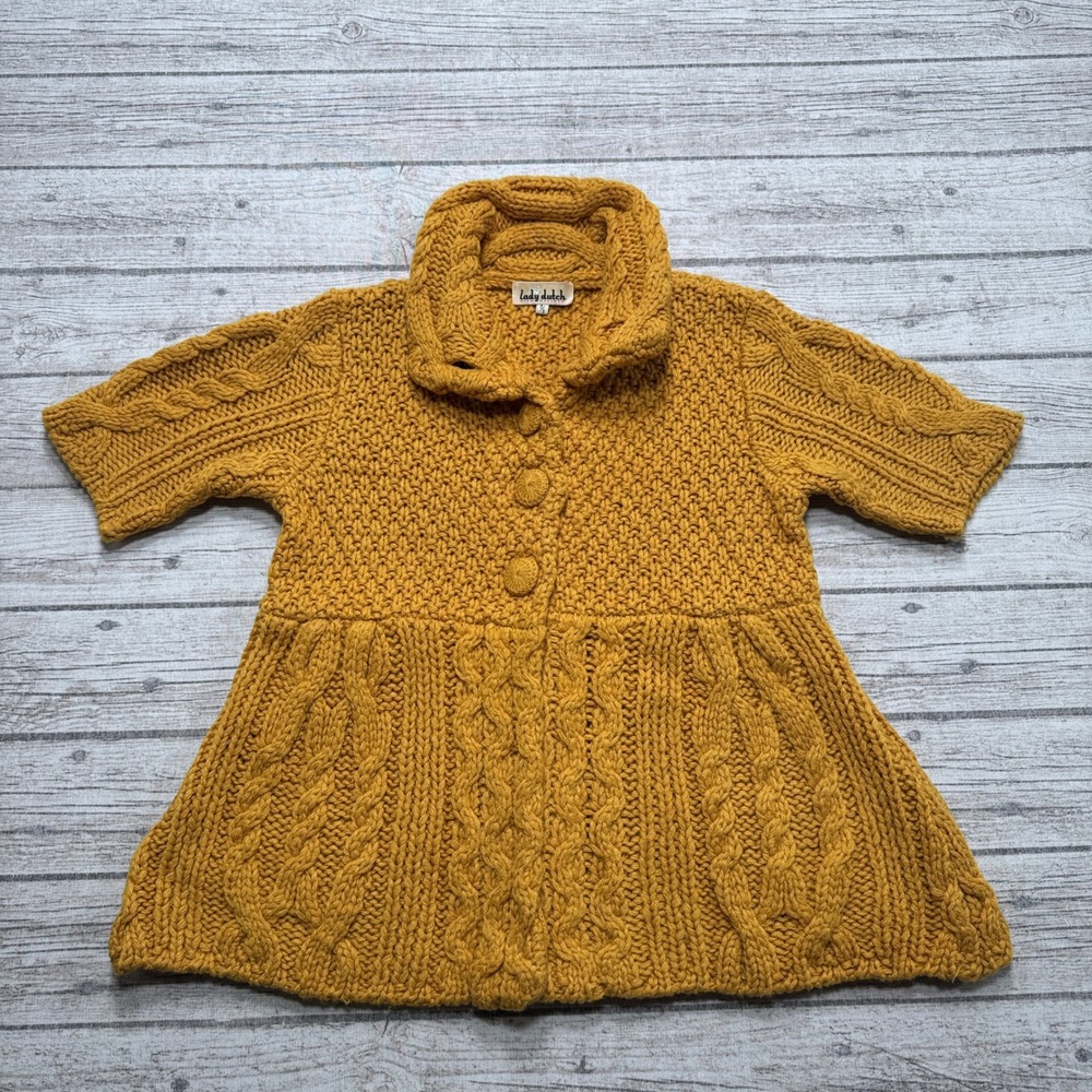 Lady Dutch Sweater Women's Small Yellow Crochet Chunky Knit Button Up Cardigan